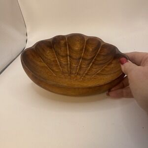 Monkey Pod Wood 8" Bowl seashell shell scalloped Serving Trinket Nut Dish vtg
